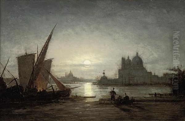 Fisherfolk Before Santa Maria Della Salute Under The Moon Oil Painting by Louis Mecklenburg