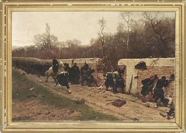 French Infantrymen At A Wall In Battle Oil Painting by Eugene Medard