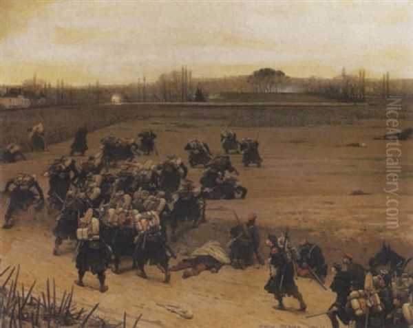 Battle Scene At St. Cloud, January 20, 1871 Oil Painting by Eugene Medard