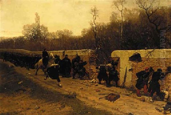 Troops Advancing Behind A Wall At The Edge Of A Wood Oil Painting by Eugene Medard