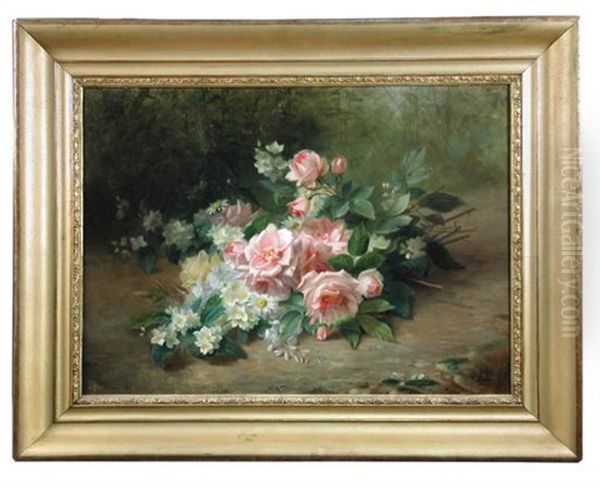 Still Life Of Pink Roses, Narcissi And Daisies Oil Painting by Jules Ferdinand Medard