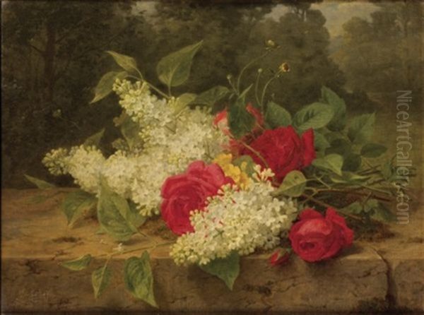 Lilas Et Roses Rouges Oil Painting by Jules Ferdinand Medard