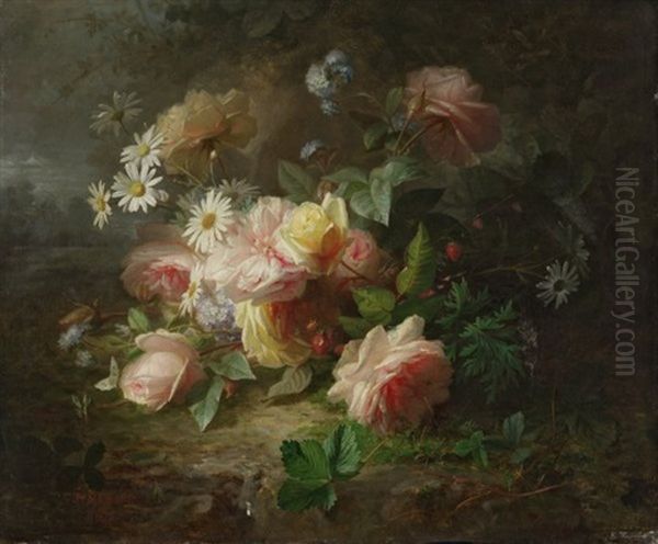 Blumenstilleben. Mit Wilden Erdbeeren Auf Erdboden Liegend Oil Painting by Jules Ferdinand Medard