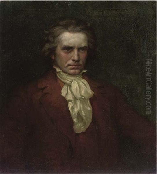 Portrait Of Ludwig Van Beethoven In A Red Coat Oil Painting by William J. Medcalf