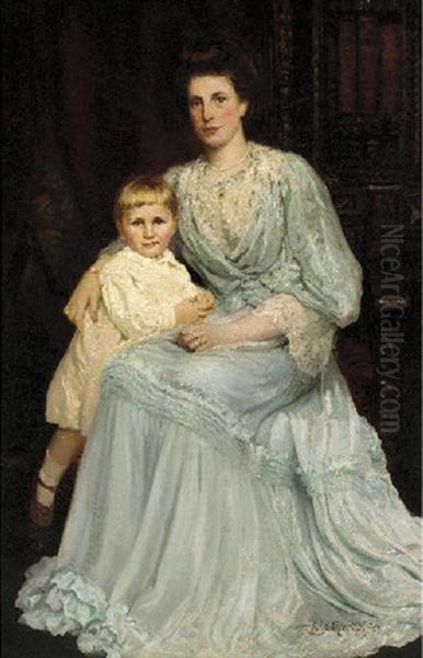 Portrait Of A Mother And Child In An Interior Oil Painting by William J. Medcalf