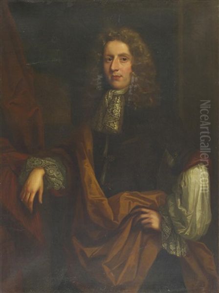 Portrait Of A Gentleman, Three-quarter Length Standing Wearing A White Lace Cravat And Cuffs And A Burnt Orange Sash Oil Painting by Sir John Baptist de Medina