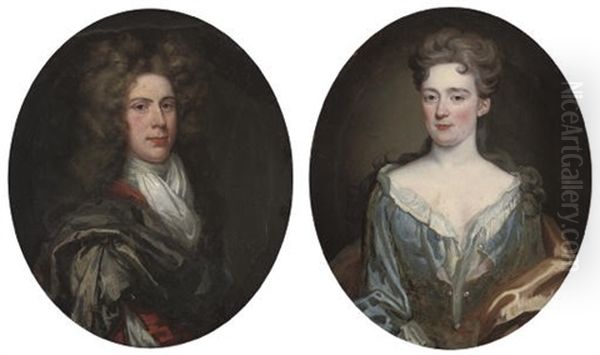 Portrait Of Thomas Mans In A Red And Grey Robe With A White Cravat (+ Portrait Of His Wife In A Blue Dress With A Red Wrap; Pair) Oil Painting by Sir John Baptist de Medina