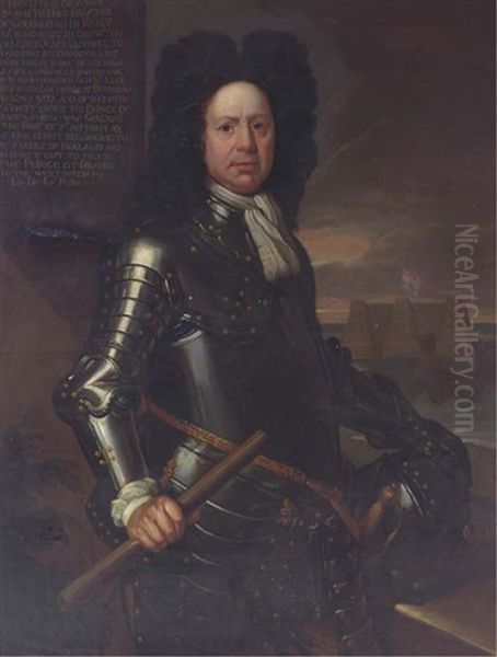 Portrait Of Robert Broadnax Of Godmarsham, Kent, In Armour Holding A Baton With A Fortress Beyond Oil Painting by Sir John Baptist de Medina