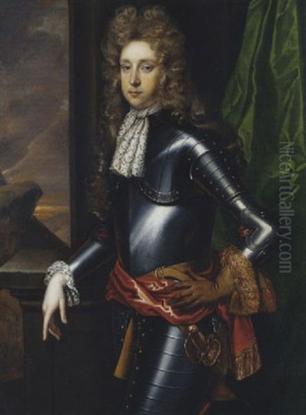 Portrait Of A Gentleman In Armour, With A Red Sash, By A Green Curtain On A Terrace Oil Painting by Sir John Baptist de Medina