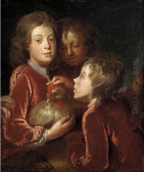 Portrait Of Three Boys In Red Coats, Holding A Chicken Oil Painting by Sir John Baptist de Medina