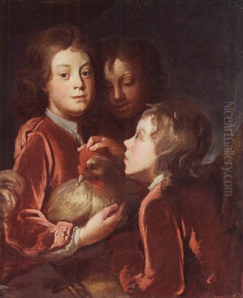 Three Boys With A Chicken Oil Painting by Sir John Baptist de Medina