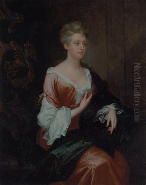 Portrait Of Ann Roydhouse In A Red Dress And Green Wrap, Beside A Curtain In An Interior Oil Painting by Sir John Baptist de Medina