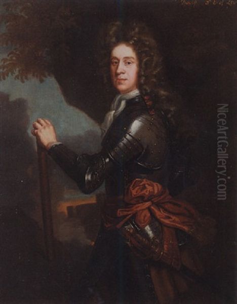 Portrait Of David Leslie, 3rd Earl Of Leven, Wearing Armour And Holding A Baton Oil Painting by Sir John Baptist de Medina