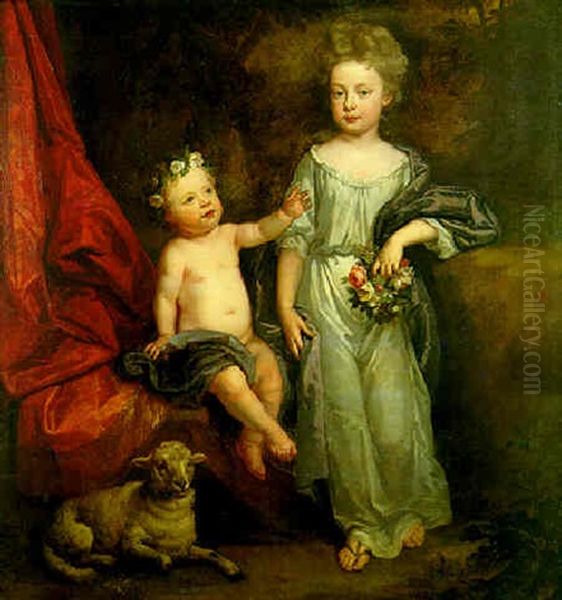 Portrait Of Two Children, The Young Girl Holding A Garland Of Flowers, Her Infant Brother Seated By A Lamb Oil Painting by Sir John Baptist de Medina