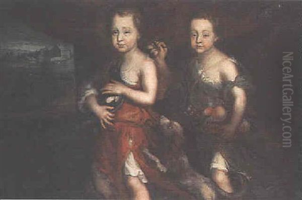 Portrait Of Two Children Standing Wearing Classical Robes, One Holding A Magpie, The Other A Basket Of Fruit, A Highland Landscape Beyond Oil Painting by Sir John Baptist de Medina