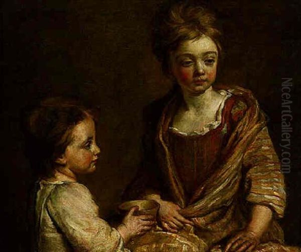 Portrait Of Two Of The Artist's Children, One Proferring A Bowl To The Other Oil Painting by Sir John Baptist de Medina