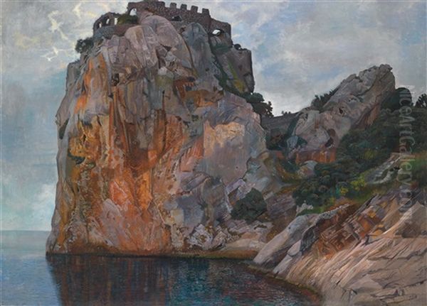 Burgruine Auf Felsen (die Hohenstaufenburg, Duino) Oil Painting by Karl Mediz