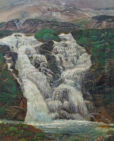 Gebirgswasserfall Oil Painting by Karl Mediz