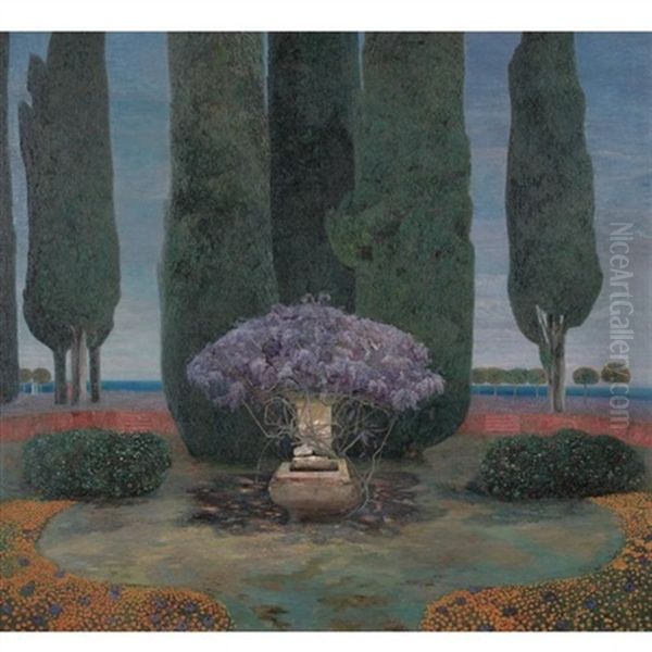 Glyzinienbrunnen Vor Zypressen (wysteria Fountain And Cypress Trees) Oil Painting by Karl Mediz