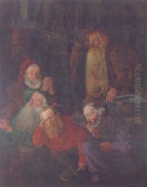 Five Gnomes Resting In The Felsen Caves Oil Painting by Karl Mediz