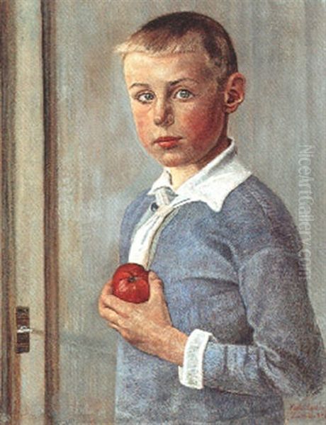 Bube Mit Apfel Oil Painting by Karl Mediz