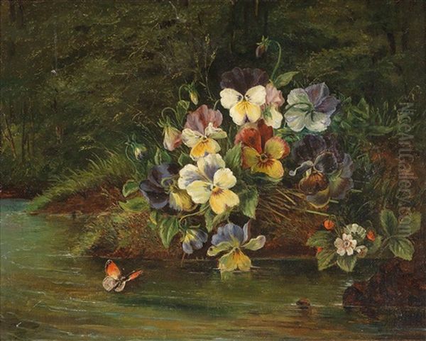 Pansies And Strawberries By The Stream Oil Painting by Emilie Mediz-Pelikan