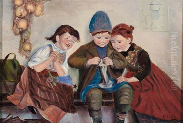 Zwei Kleine Madchen Amusieren Sich Uber Einen Strickenden Knaben Oil Painting by Emilie Mediz-Pelikan