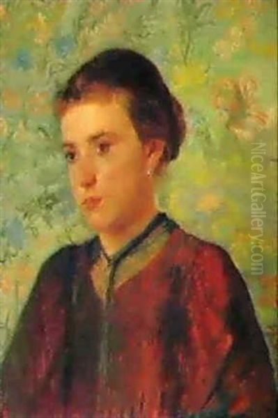 A Portrait Of A Young Woman With A Green Shawl Oil Painting by Emilie Mediz-Pelikan