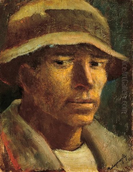 Head Of A Man (+ Study Of A Landscape, Verso) Oil Painting by Laszlo Mednyanszky