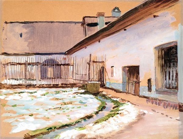 Winter Yard Oil Painting by Laszlo Mednyanszky