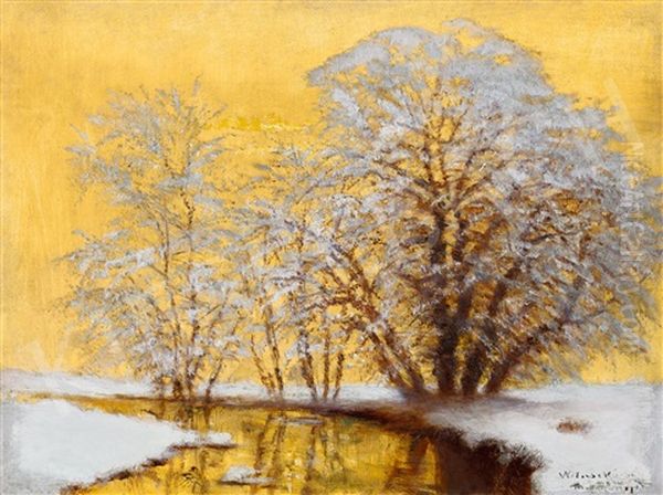 Winter River In Evening Lights Oil Painting by Laszlo Mednyanszky