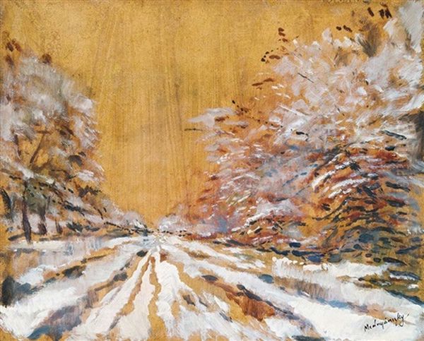 Snowy Road Oil Painting by Laszlo Mednyanszky