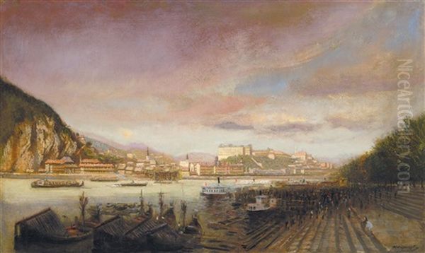 View Of The Castle With Bulding The Elizabeth Bridge In The Background Oil Painting by Laszlo Mednyanszky