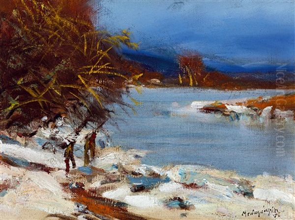 Riverbank With Blue Sky Oil Painting by Laszlo Mednyanszky