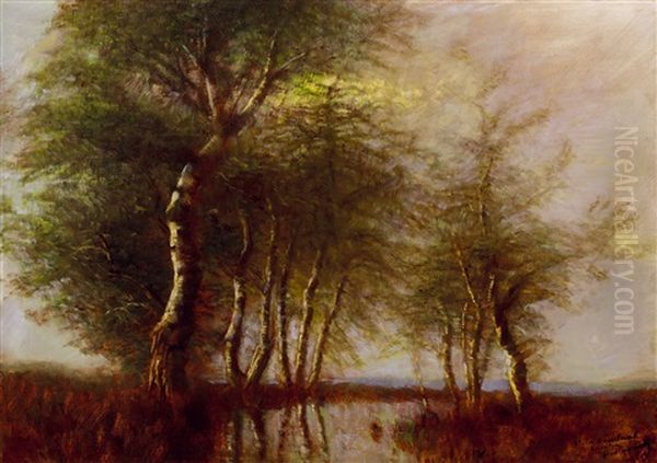 Trees By The River (mirroring) Oil Painting by Laszlo Mednyanszky