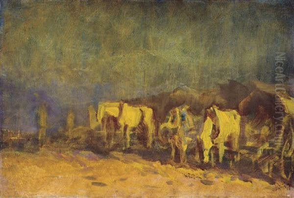 Resting Wagon Train Oil Painting by Laszlo Mednyanszky