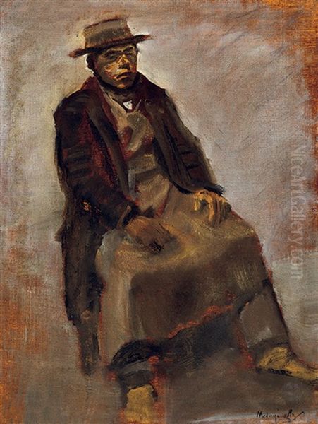 Sitting Boy With Hat Oil Painting by Laszlo Mednyanszky