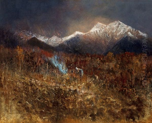 Builiding A Fire (in The Tatras) Oil Painting by Laszlo Mednyanszky