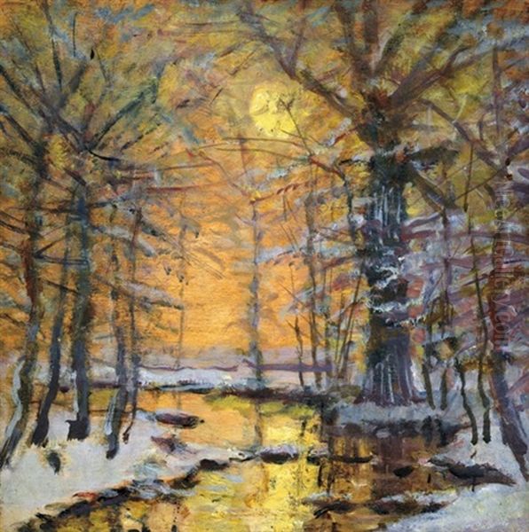 Sunset At Winter In The Forest Oil Painting by Laszlo Mednyanszky