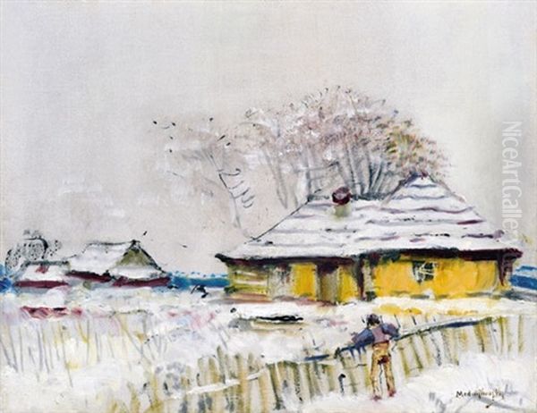 Snowy Landscape With Houses Oil Painting by Laszlo Mednyanszky