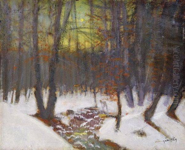 Snowy Forest In The Moonlight Oil Painting by Laszlo Mednyanszky