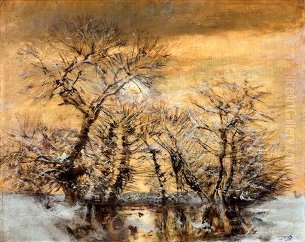 Frosty Trees Along Waterfront Oil Painting by Laszlo Mednyanszky