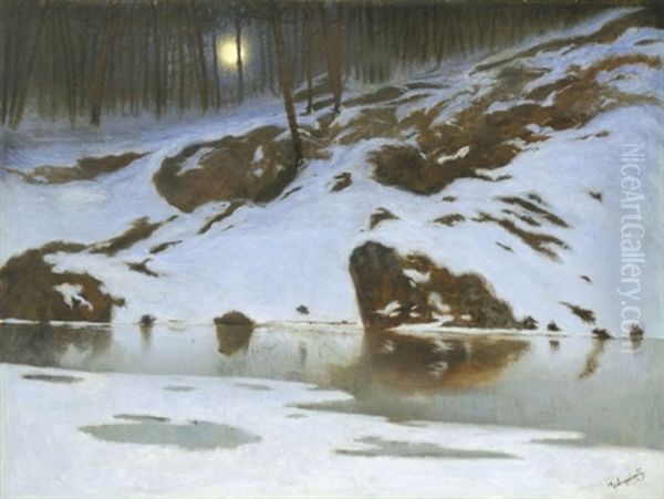 Moonlit Winter Landscape Oil Painting by Laszlo Mednyanszky