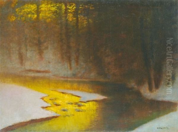 Snowy Landscape (forest With A Stream At Wintertime) Oil Painting by Laszlo Mednyanszky