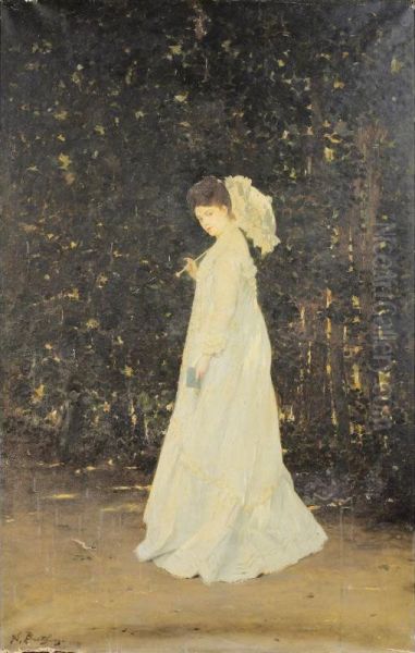 La Promeneuse [the Walk ; Oil On Canvas Signed Lower Left ; Old Label With Date 1875 On The Reverse] Oil Painting by Nicolas Berthon