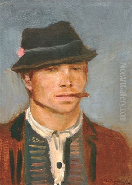 Smoking Boy Wearing A Hat Oil Painting by Laszlo Mednyanszky