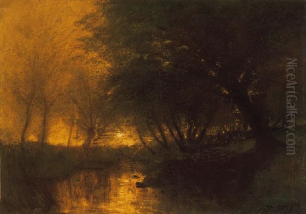 Folyopart Fenyekkel (riverside With Lights) Oil Painting by Laszlo Mednyanszky