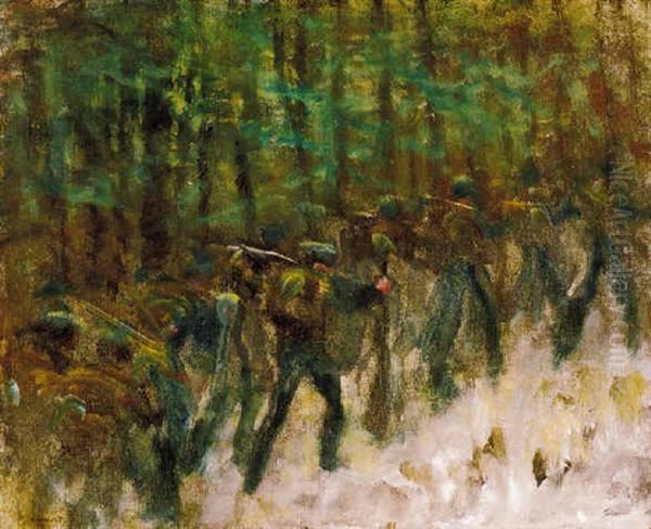 Katonak Teli Erdoben - Vonulo Katonak (soldiers In Winter Forest) Oil Painting by Laszlo Mednyanszky