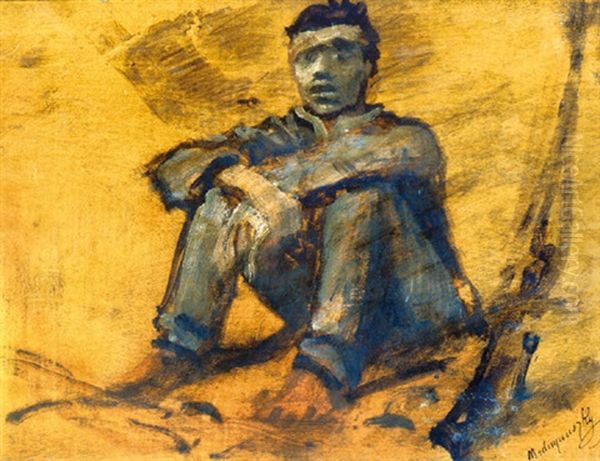 Resting Soldier (+ Prostrated Soldier, Verso) Oil Painting by Laszlo Mednyanszky