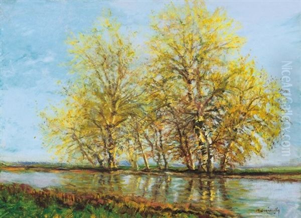 Koratavasz, Fak A Vizparton - Early Spring, Trees By The Water Oil Painting by Laszlo Mednyanszky